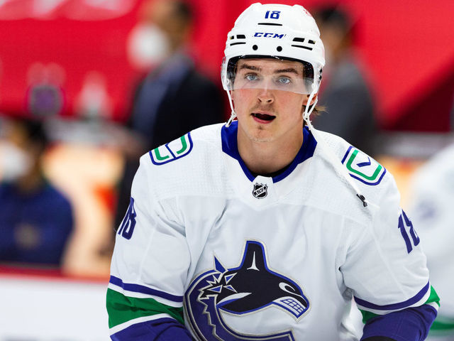 OTTAWA, ON - APRIL 28: Vancouver Canucks Right Wing Jake Virtanen (18) during warm-up before National Hockey League action between the Vancouver Canucks and Ottawa Senators on April 28, 2021, at Canadian Tire Centre in Ottawa, ON, Canada.