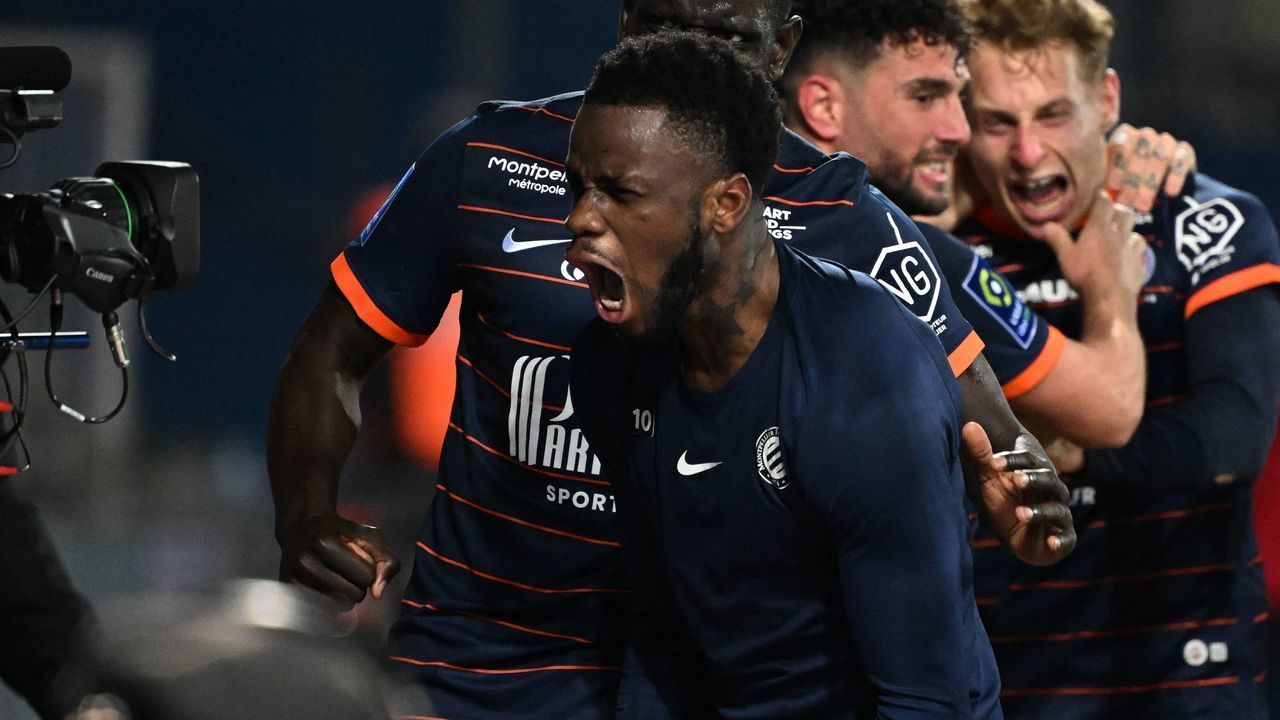 Stephy Montpellier's English forward Stephy Mavididi reacts in front of a TV camera after scoring the team's third goal during the French L1 football match between Montpellier Herault SC and AS Monaco at Stade de la Mosson in Montpellier, southern France on on January 23, 2022.