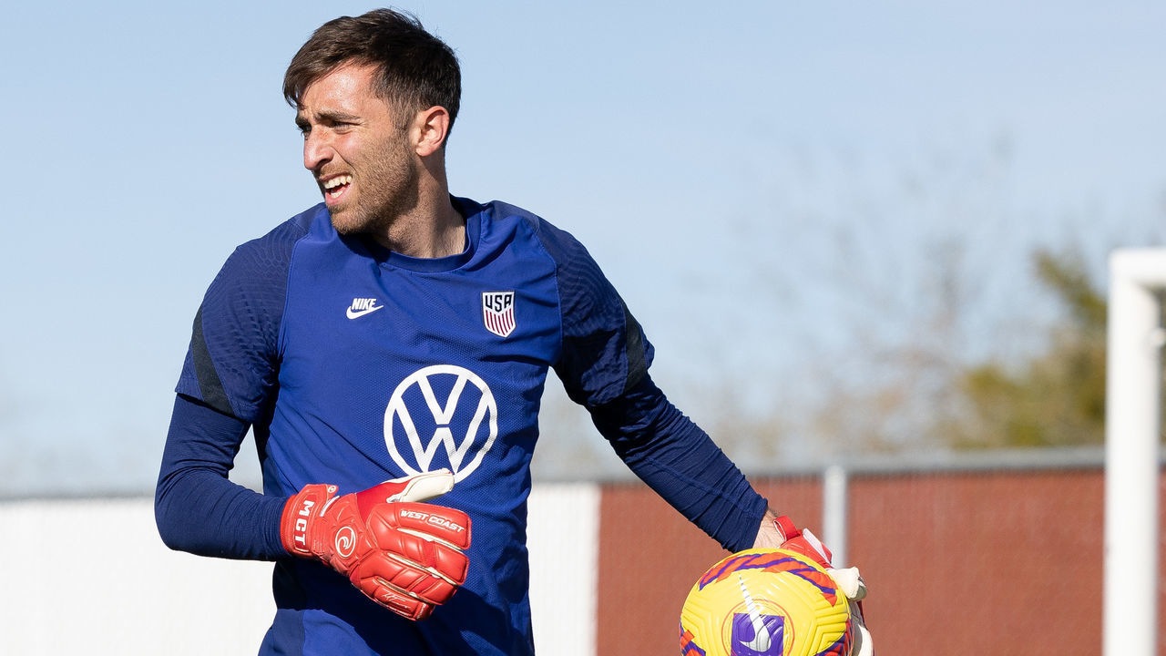 PHOENIX, AZ - JANUARY 16: Matt Turner makes the save during a training session at Phoenix Rising FC Soccer Complex on January 16, 2022 in Phoenix, Arizona.