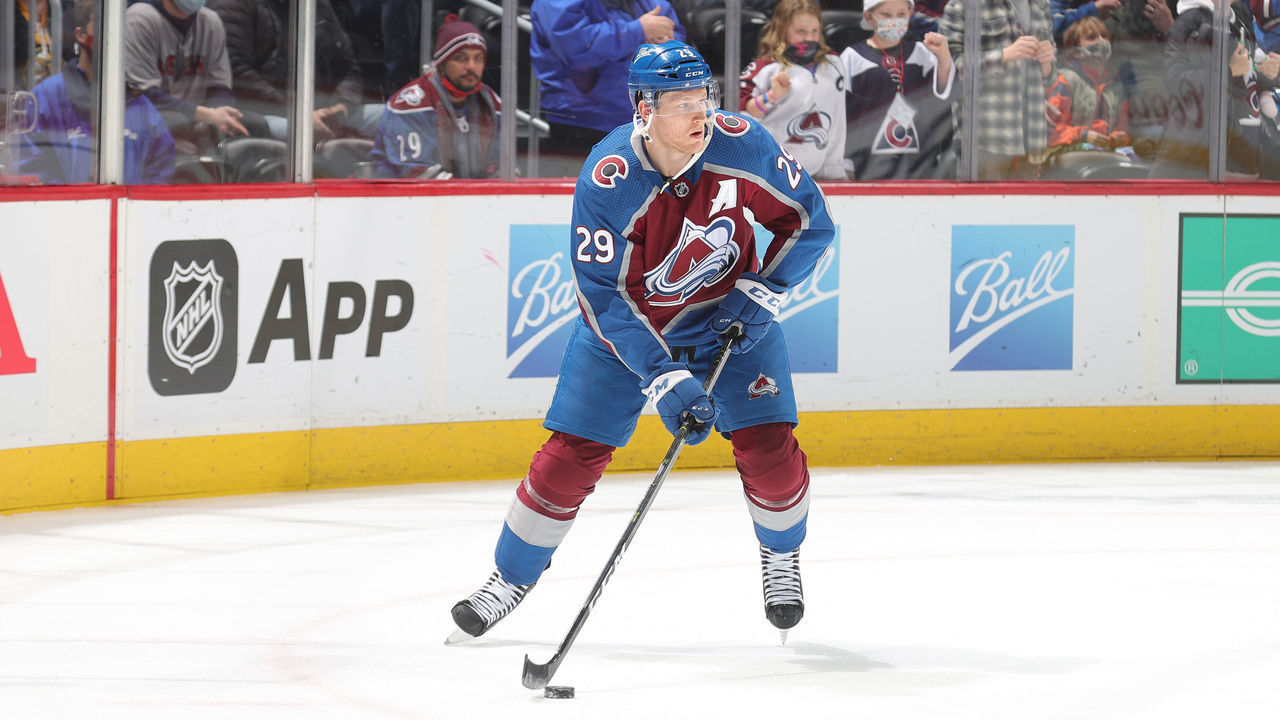 DENVER, COLORADO - JANUARY 26: Nathan MacKinnon #29 of the Colorado Avalanche skates prior to the game against the Boston Bruins at Ball Arena on January 26, 2022 in Denver, Colorado.