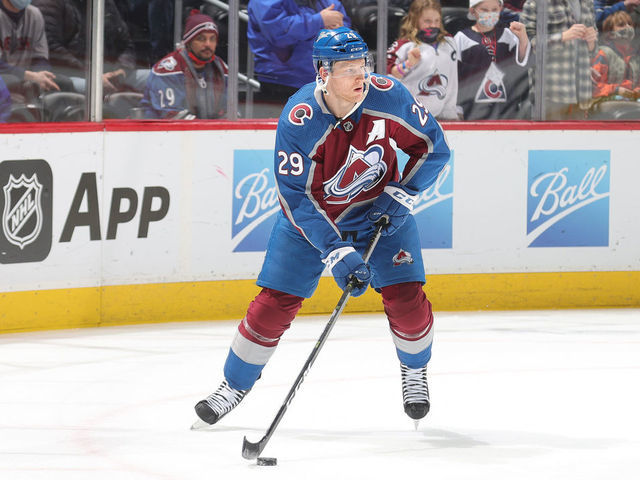 DENVER, COLORADO - JANUARY 26: Nathan MacKinnon #29 of the Colorado Avalanche skates prior to the game against the Boston Bruins at Ball Arena on January 26, 2022 in Denver, Colorado.