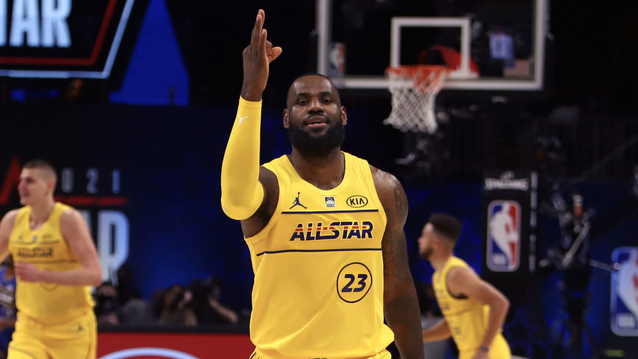 ATLANTA, GA - MARCH 7: LeBron James #23 of Team LeBron celebrates against Team Durant during 70th NBA All-Star Game on March 7, 2021 at State Farm Arena in Atlanta, Georgia. NOTE TO USER: User expressly acknowledges and agrees that, by downloading and/or using this photograph, user is consenting to the terms and conditions of the Getty Images License Agreement. Mandatory Copyright Notice: Copyright 2021 NBAE