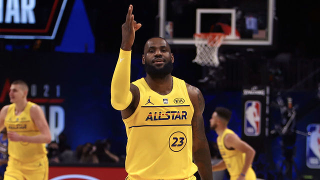 ATLANTA, GA - MARCH 7: LeBron James #23 of Team LeBron celebrates against Team Durant during 70th NBA All-Star Game on March 7, 2021 at State Farm Arena in Atlanta, Georgia. NOTE TO USER: User expressly acknowledges and agrees that, by downloading and/or using this photograph, user is consenting to the terms and conditions of the Getty Images License Agreement. Mandatory Copyright Notice: Copyright 2021 NBAE
