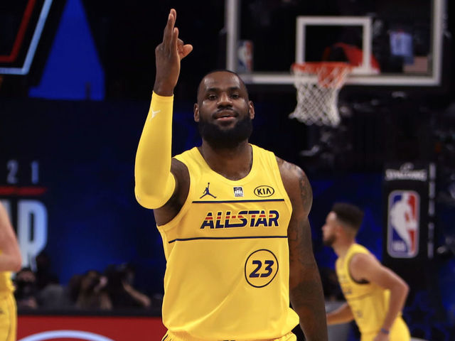ATLANTA, GA - MARCH 7: LeBron James #23 of Team LeBron celebrates against Team Durant during 70th NBA All-Star Game on March 7, 2021 at State Farm Arena in Atlanta, Georgia. NOTE TO USER: User expressly acknowledges and agrees that, by downloading and/or using this photograph, user is consenting to the terms and conditions of the Getty Images License Agreement. Mandatory Copyright Notice: Copyright 2021 NBAE