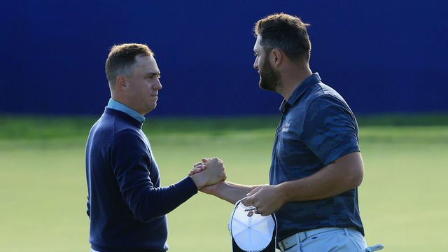 LA JOLLA, CALIFORNIA - JANUARY 26: Justin Thomas and Jon Rahm of Spain shake hands following the first round of The Farmers Insurance Open on the South Course at Torrey Pines Golf Course on January 26, 2022 in La Jolla, California.