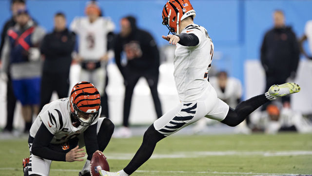 NASHVILLE, TENNESSEE - JANUARY 22: Evan McPherson #2 of the Cincinnati Bengals kicks the game winning field goal at the end of a game against the Tennessee Titans in the AFC Divisional Playoff game at Nissan Stadium on January 22, 2022 in Nashville, Tennessee. The Bengals defeated the Titans 19-16.