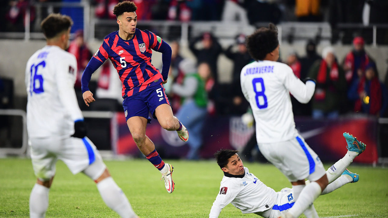 COLUMBUS, OHIO - JANUARY 27: Antonee Robinson #5 of the United States shoots a goal during the second half during the World Cup qualifying game against El Salvador at Lower.com Field on January 27, 2022 in Columbus, Ohio.