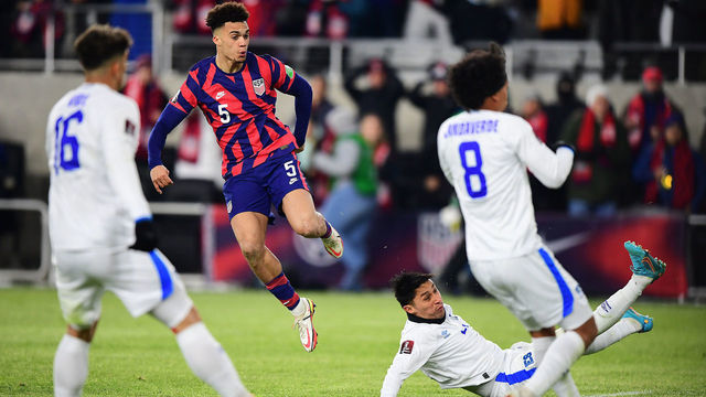 COLUMBUS, OHIO - JANUARY 27: Antonee Robinson #5 of the United States shoots a goal during the second half during the World Cup qualifying game against El Salvador at Lower.com Field on January 27, 2022 in Columbus, Ohio.