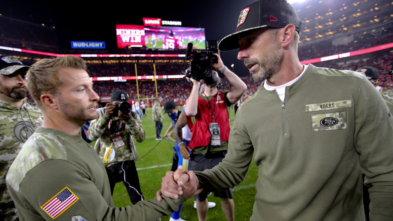 SANTA CLARA, CA - NOVEMBER 15: Head Coach Sean McVay of the Los Angeles Rams and Head Coach Kyle Shanahan of the San Francisco 49ers shake hands on the field after the game at Levi's Stadium on November 15, 2021 in Santa Clara, California. The 49ers defeated the Rams 31-10.