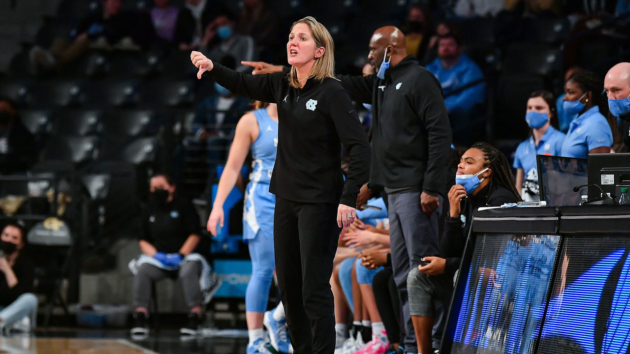 ATLANTA, GA JANUARY 23: North Carolina head coach Courtney Banghart gestures from the sideline during the ACC womens college basketball game between the North Carolina Tar Heels and the Georgia Tech Yellow Jackets on January 23rd, 2022 at Hank McCamish Pavilion in Atlanta, GA.