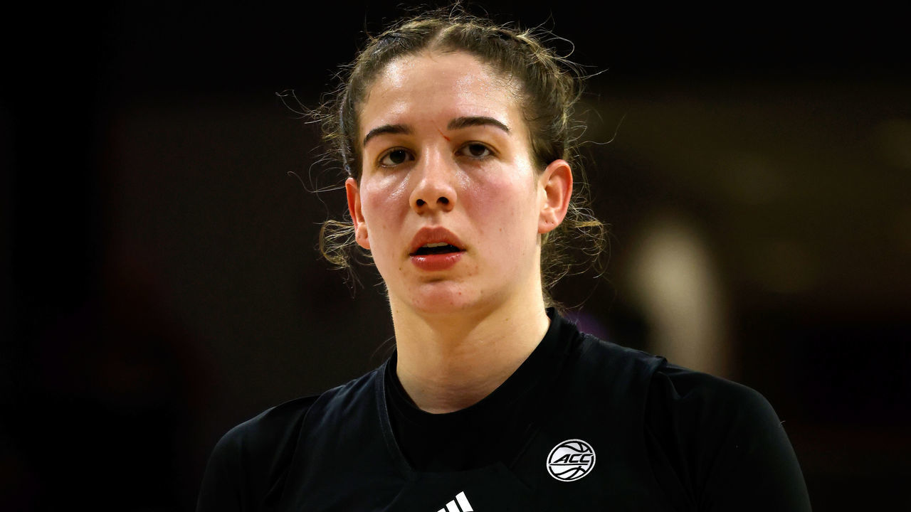 RALEIGH, NC - JANUARY 20: Emily Engstler #21 of the Louisville Cardinals looks on against the NC State Wolfpack at Reynolds Coliseum on January 20, 2022 in Raleigh, North Carolina. NC State won 68-59.