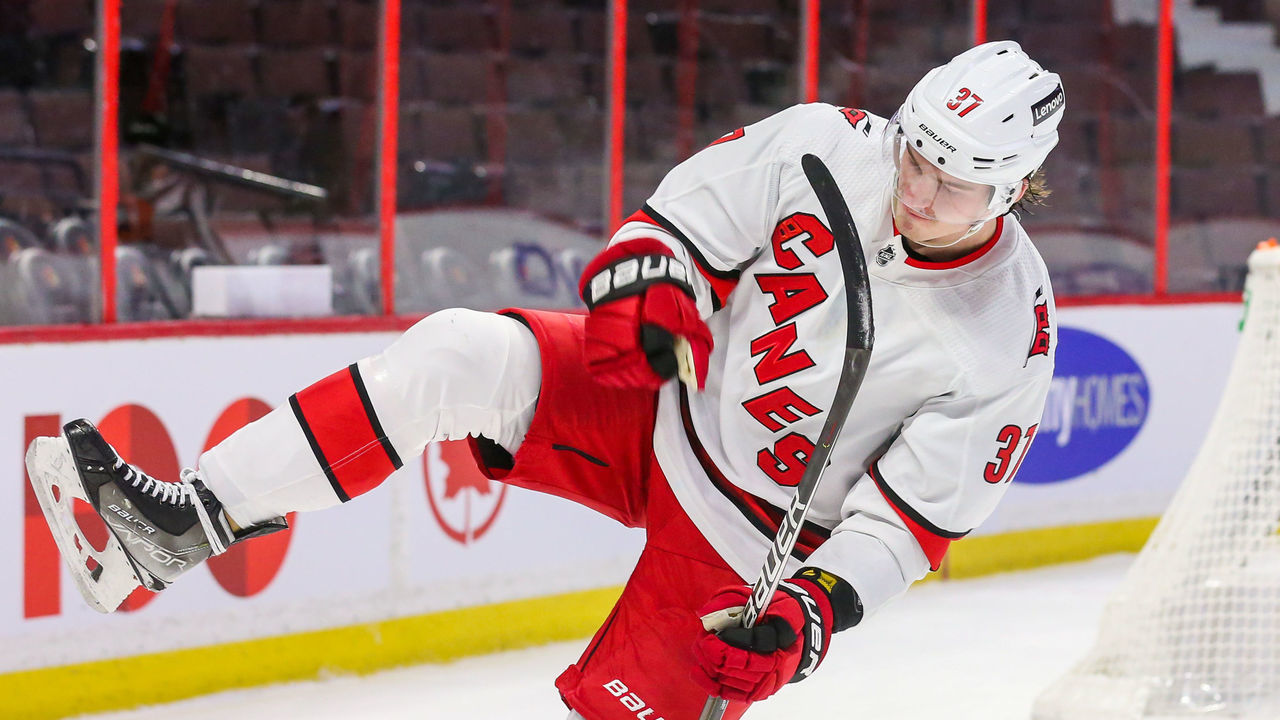OTTAWA, ONTARIO - JANUARY 27: Andrei Svechnikov #37 of the Carolina Hurricanes celebrates after scoring the game-winning goal in the shootout to win 3-2 against the Ottawa Senators at Canadian Tire Centre on January 27, 2022 in Ottawa, Ontario.