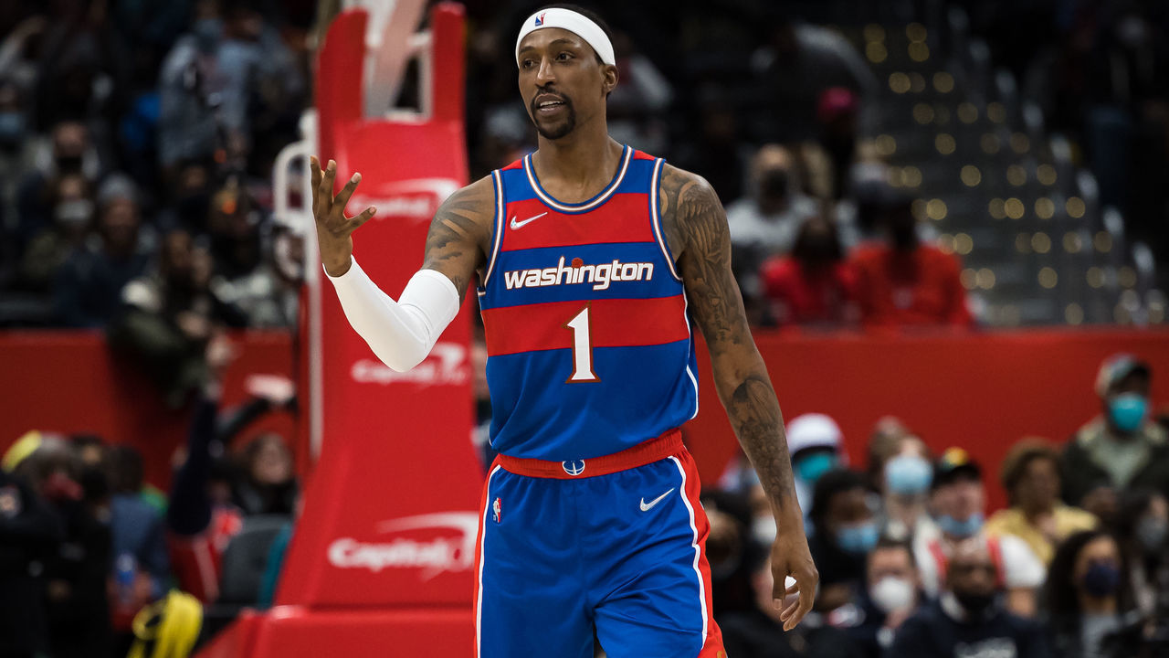 WASHINGTON, DC - JANUARY 21: Kentavious Caldwell-Pope #1 of the Washington Wizards reacts to a play against the Toronto Raptors during the second half at Capital One Arena on January 21, 2022 in Washington, DC.