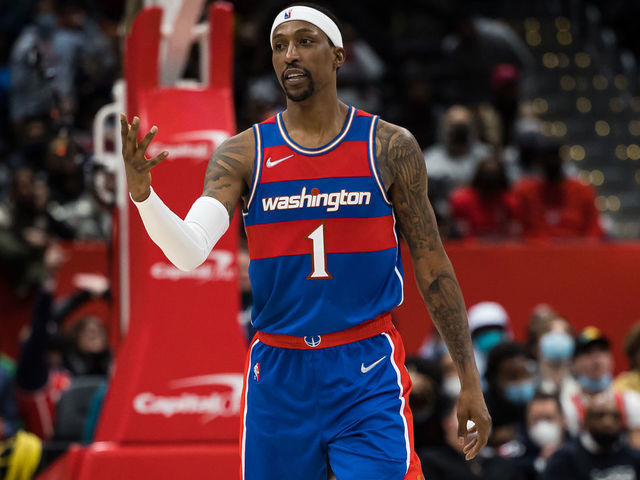 WASHINGTON, DC - JANUARY 21: Kentavious Caldwell-Pope #1 of the Washington Wizards reacts to a play against the Toronto Raptors during the second half at Capital One Arena on January 21, 2022 in Washington, DC.