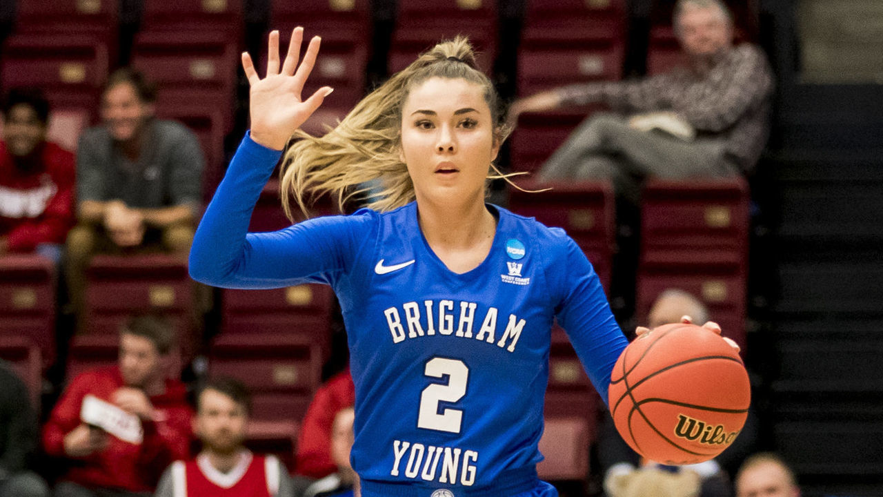 STANFORD, CA - MARCH 25: BYU Cougars guard Shaylee Gonzales (2) calls a play during the NCAA Second Round Womens Basketball game between the Stanford Cardinal and BYU Cougars on March 25, 2019 at Maples Pavilion in Palo Alto, CA.
