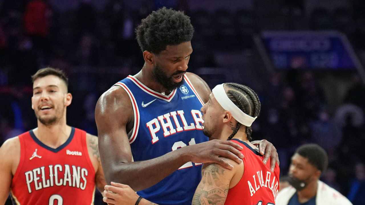 PHILADELPHIA, PA - JANUARY 25: Joel Embiid #21 of the Philadelphia 76ers and Jose Alvarado #15 of the New Orleans Pelicans talk after a game on January 25, 2022 at Wells Fargo Center in Philadelphia, Pennsylvania. NOTE TO USER: User expressly acknowledges and agrees that, by downloading and/or using this Photograph, user is consenting to the terms and conditions of the Getty Images License Agreement. Mandatory Copyright Notice: Copyright 2022 NBAE