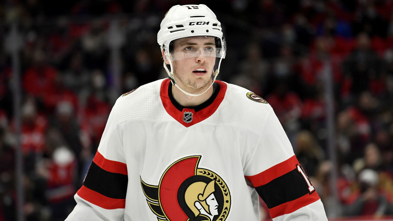 WASHINGTON, DC - JANUARY 22: Senators right wing Drake Batherson (19) waits for a face-off during the Ottawa Senators versus Washington Capitals National Hockey League game on January 22, 2022 at Capital One Arena in Washington, D.C..