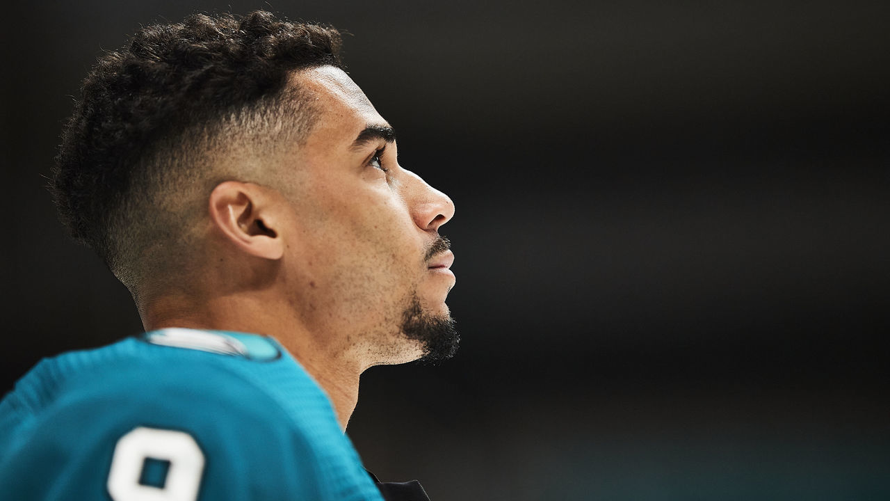 SAN JOSE, CA - APRIL 10: San Jose Sharks left wing Evander Kane (9) warms up before the San Jose Sharks game versus the Los Angeles Kings on April 10, 2021, at SAP Center at San Jose in San Jose, CA.