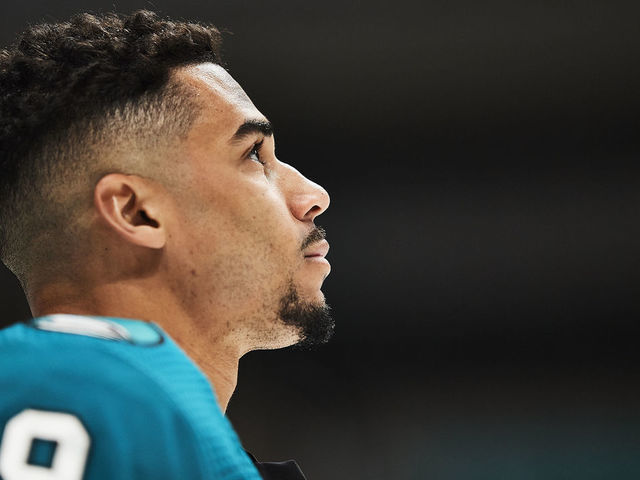 SAN JOSE, CA - APRIL 10: San Jose Sharks left wing Evander Kane (9) warms up before the San Jose Sharks game versus the Los Angeles Kings on April 10, 2021, at SAP Center at San Jose in San Jose, CA.