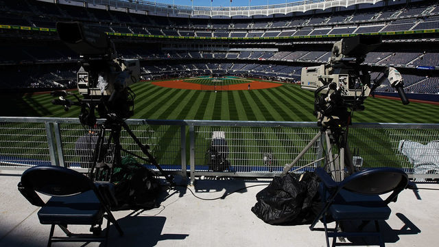 NEW YORK - APRIL 16: TV cameras are seen in the outfield before the opening day game between the Cleveland Indians and the New York Yankees at the new Yankee Stadium on April 16, 2009 in the Bronx borough of New York City. This is the first regular season MLB game being played at the new venue which replaced the old Yankee Stadium as the Yankees home field.