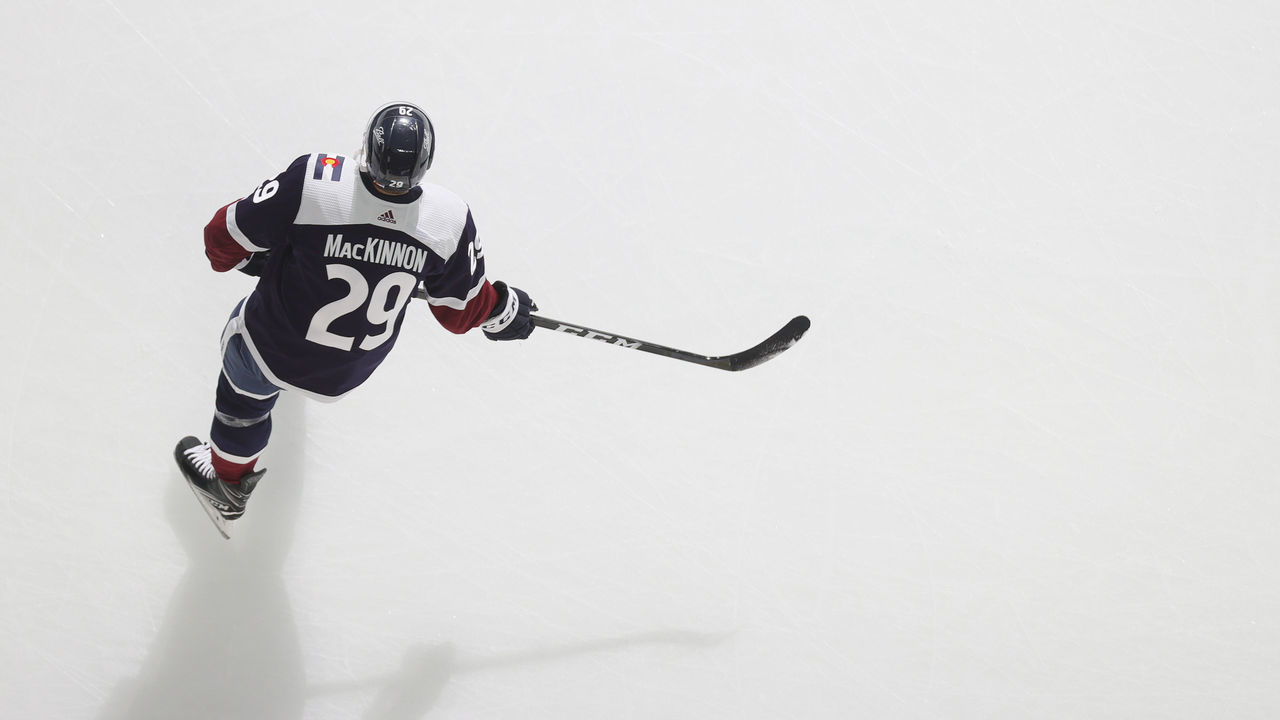 DENVER, COLORADO - JANUARY 06: Nathan MacKinnon #29 of the Colorado Avalanche skates prior to the game against the Winnipeg Jets at Ball Arena on January 06, 2022 in Denver, Colorado.