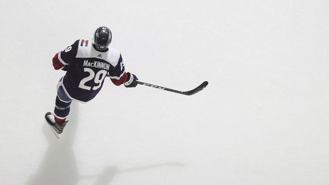 DENVER, COLORADO - JANUARY 06: Nathan MacKinnon #29 of the Colorado Avalanche skates prior to the game against the Winnipeg Jets at Ball Arena on January 06, 2022 in Denver, Colorado.
