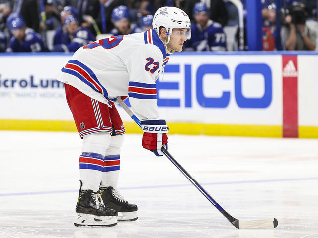 TAMPA, FL - DECEMBER 31: Adam Fox #23 of the New York Rangers against the Tampa Bay Lightning during the second period at Amalie Arena on December 31, 2021 in Tampa, Florida.