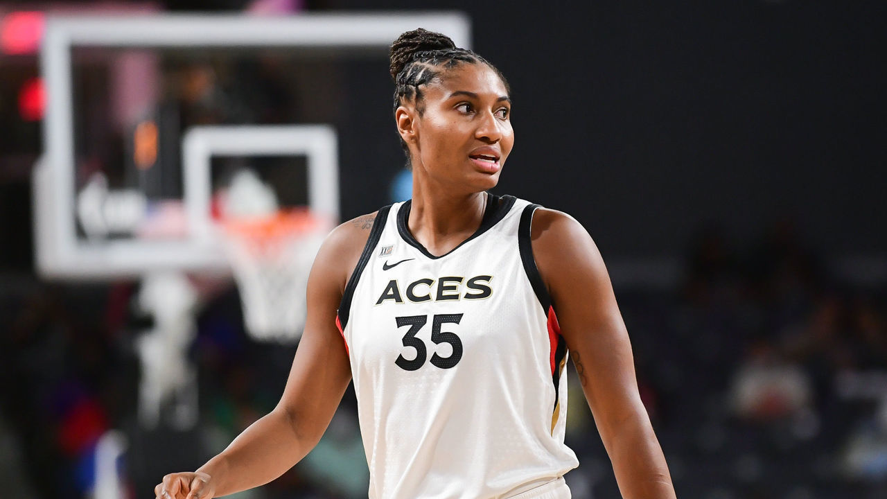 ATLANTA, GA - AUGUST 26: Angel McCoughtry #35 of the Las Vegas Aces looks on during the game against the Atlanta Dream on August 26, 2021 at Gateway Center Arena in College Park, Georgia. Mandatory Copyright Notice: Copyright 2021 NBAE
