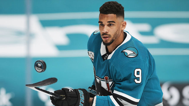 SAN JOSE, CA - MAY 12: San Jose Sharks left wing Evander Kane (9) warms up before the San Jose Sharks game versus the Vegas Golden Knights on May 12, 2021, at SAP Center at San Jose in San Jose, CA.