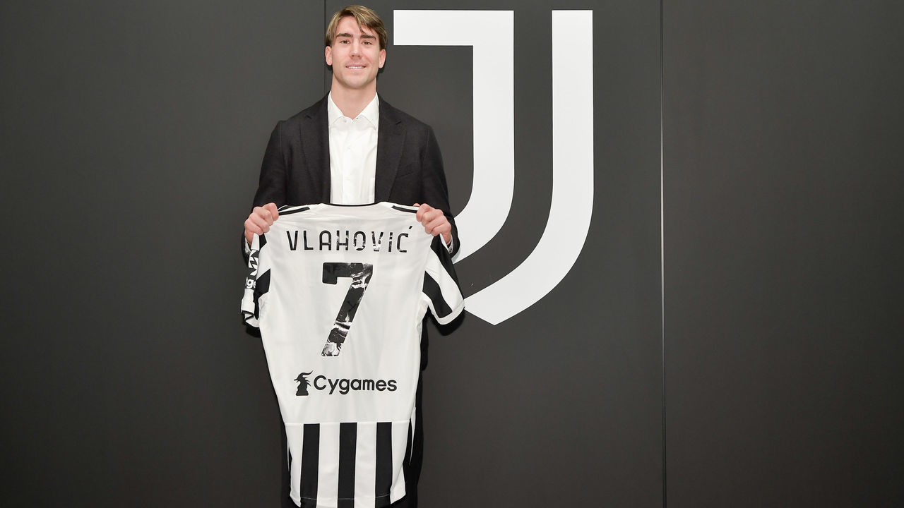 TURIN, ITALY - JANUARY 28: Dusan Vlahovic signing with Juventus on January 28, 2022 in Turin, Italy.