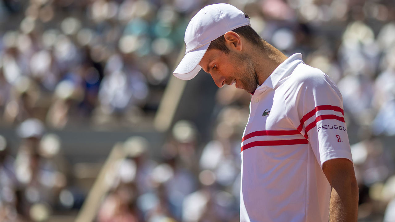 PARIS, FRANCE June 13. Novak Djokovic of Serbia during his match against Stefanos Tsitsipas of Greece on Court Philippe-Chatrier during the Men's Singles Final at the 2021 French Open Tennis Tournament at Roland Garros on June 13th 2021 in Paris, France.