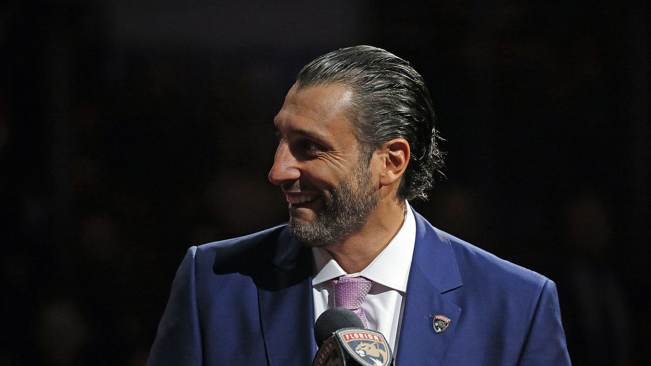 SUNRISE, FL - MARCH 7: Goaltender Roberto Luongo #1 of the Florida Panthers speaks while his number is retired and raised to the rafters at the BB&T Center on March 7, 2020 in Sunrise, Florida.