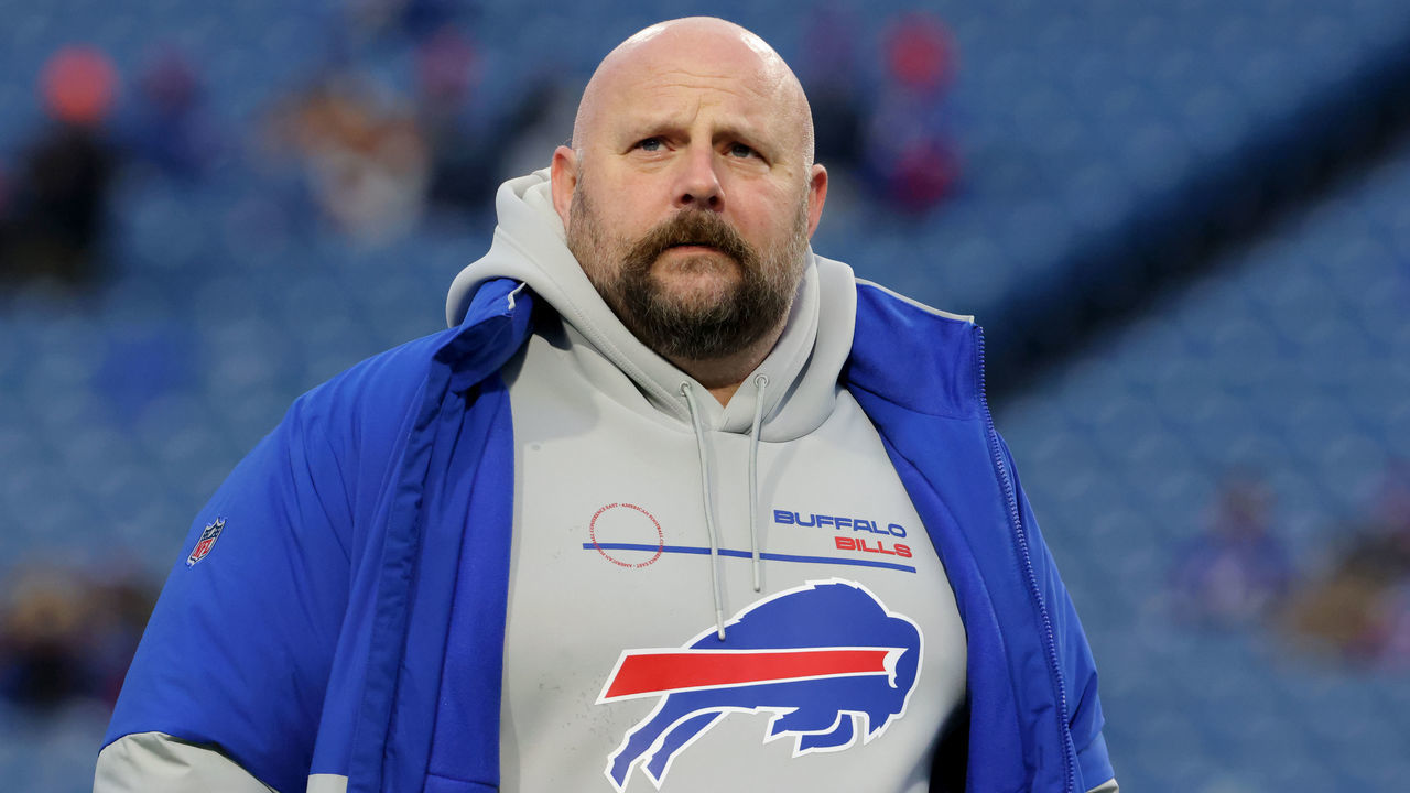 ORCHARD PARK, NY - JANUARY 09: Buffalo Bills offensive coordinator Brian Daboll on the field before a game against the New York Jets at Highmark Stadium on January 9, 2022 in Orchard Park, New York.