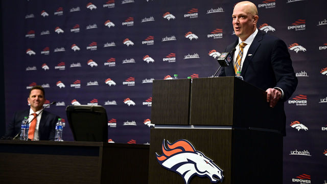 CENTTENIAL, CO - January 28 : Denver Broncos General manager George Paton, left, introduced Nathaniel Hackett as Denver Broncos new head coach by at Denver Broncos headquarters in Cennenial, Colorado on Thursday, January 28, 2022.