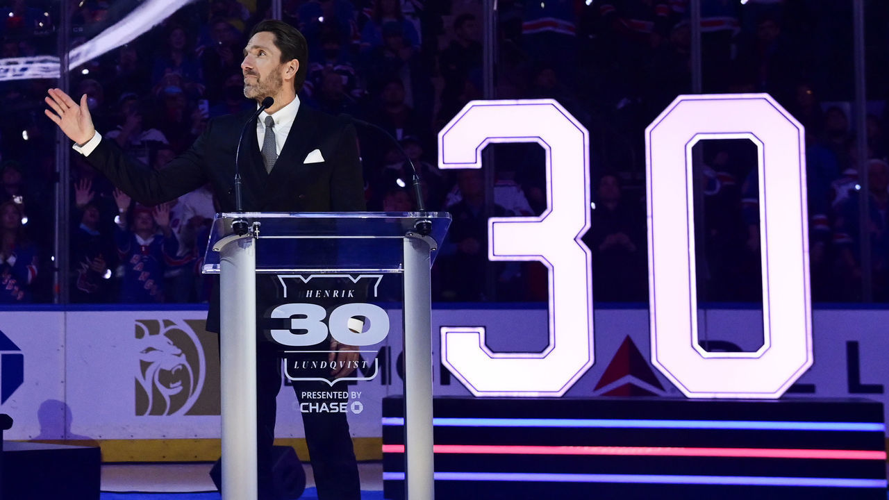NEW YORK, NEW YORK - JANUARY 28: Former New York Ranger Henrik Lundqvist waves to the fans during his jersey retirement ceremony prior to a game between the New York Rangers and Minnesota Wild at Madison Square Garden on January 28, 2022 in New York City. Henrik Lundqvist played all 15 seasons of his NHL career with the Rangers before retiring in 2020.