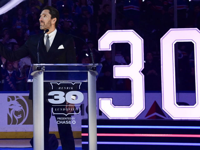 NEW YORK, NEW YORK - JANUARY 28: Former New York Ranger Henrik Lundqvist waves to the fans during his jersey retirement ceremony prior to a game between the New York Rangers and Minnesota Wild at Madison Square Garden on January 28, 2022 in New York City. Henrik Lundqvist played all 15 seasons of his NHL career with the Rangers before retiring in 2020.