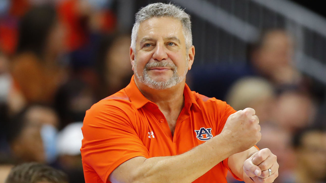 AUBURN, AL - JANUARY 22: Head coach Bruce Pearl of the Auburn Tigers reacts during the second half against the Kentucky Wildcats at Auburn Arena on January 22, 2022 in Auburn, Alabama.