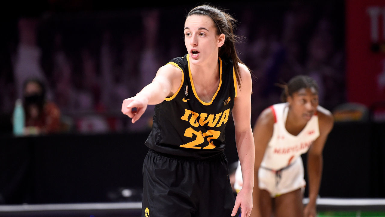 COLLEGE PARK, MD - FEBRUARY 23: Caitlin Clark #22 of the Iowa Hawkeyes reacts to a call during the game against the Maryland Terrapins at Xfinity Center on February 23, 2021 in College Park, Maryland.