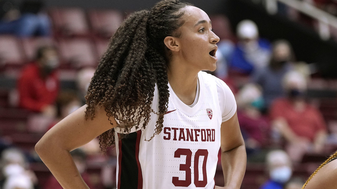 PALO ALTO, CALIFORNIA - NOVEMBER 11: Haley Jones #30 of the Stanford Cardinal looks on against the Morgan State Bears during the first half of an NCAA basketball game at Stanford Maples Pavilion on November 11, 2021 in Palo Alto, California.