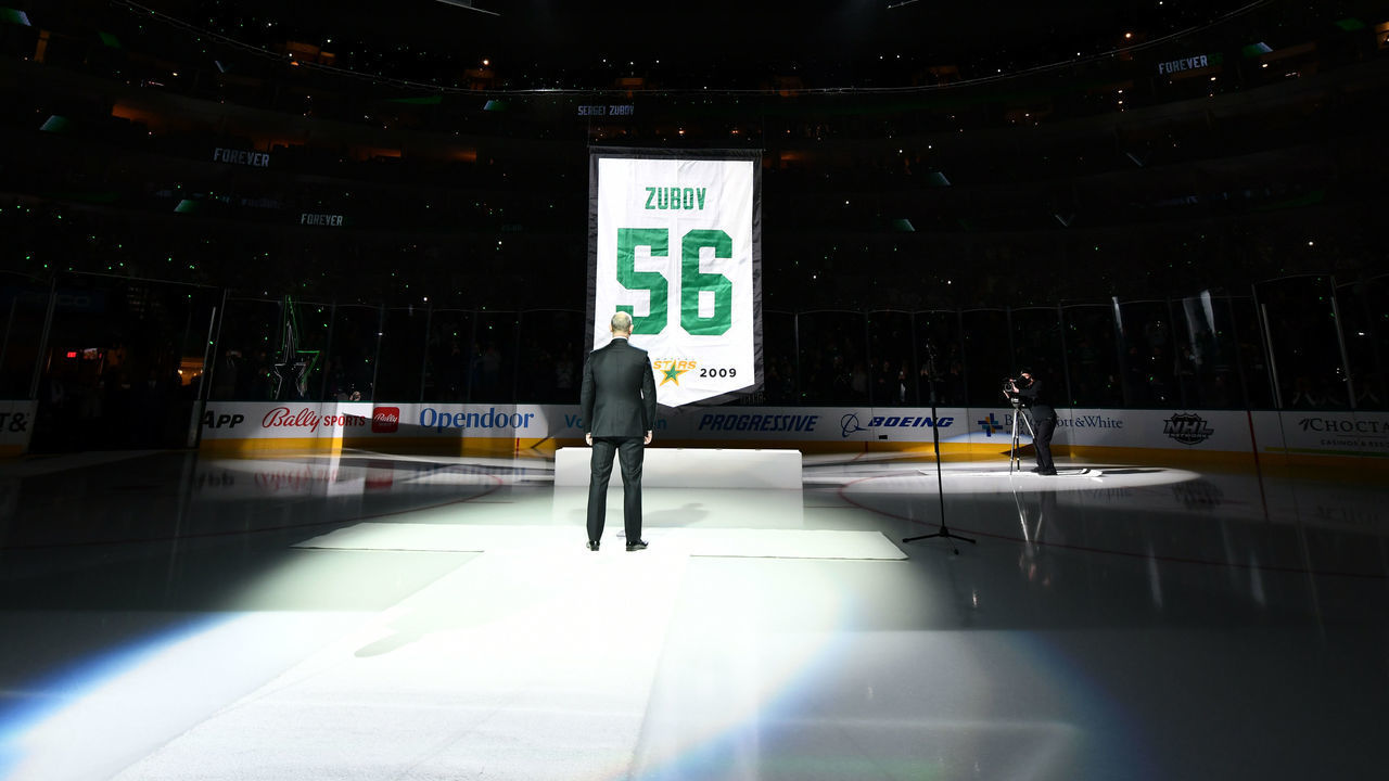 DALLAS, TX - JANUARY 28: Former Dallas Stars Sergei Zubov has his number 56 retired to the rafters during a pregame ceremony prior to a game between the Dallas Stars and the Washington Capitals at the American Airlines Center on January 28, 2022 in Dallas, Texas.