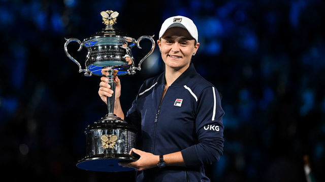 MELBOURNE, AUSTRALIA - JANUARY 29: Ashleigh Barty of Australia poses with the Daphnie Ackerhurst trophy after winning the final of the Women's singles over Danielle Collins of the United States during day 13 of the 2022 Australian Open at Melbourne Park on January 29, 2022 in Melbourne, Australia.