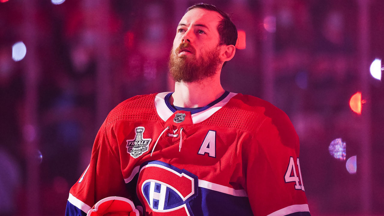 MONTREAL, QC - JULY 05: Look on Montreal Canadiens left wing Paul Byron (41) during the national anthem before the NHL Stanley Cup Playoffs Final game 4 between the Tampa Bay Lightning versus the Montreal Canadiens on July 05, 2021, at Bell Centre in Montreal, QC
