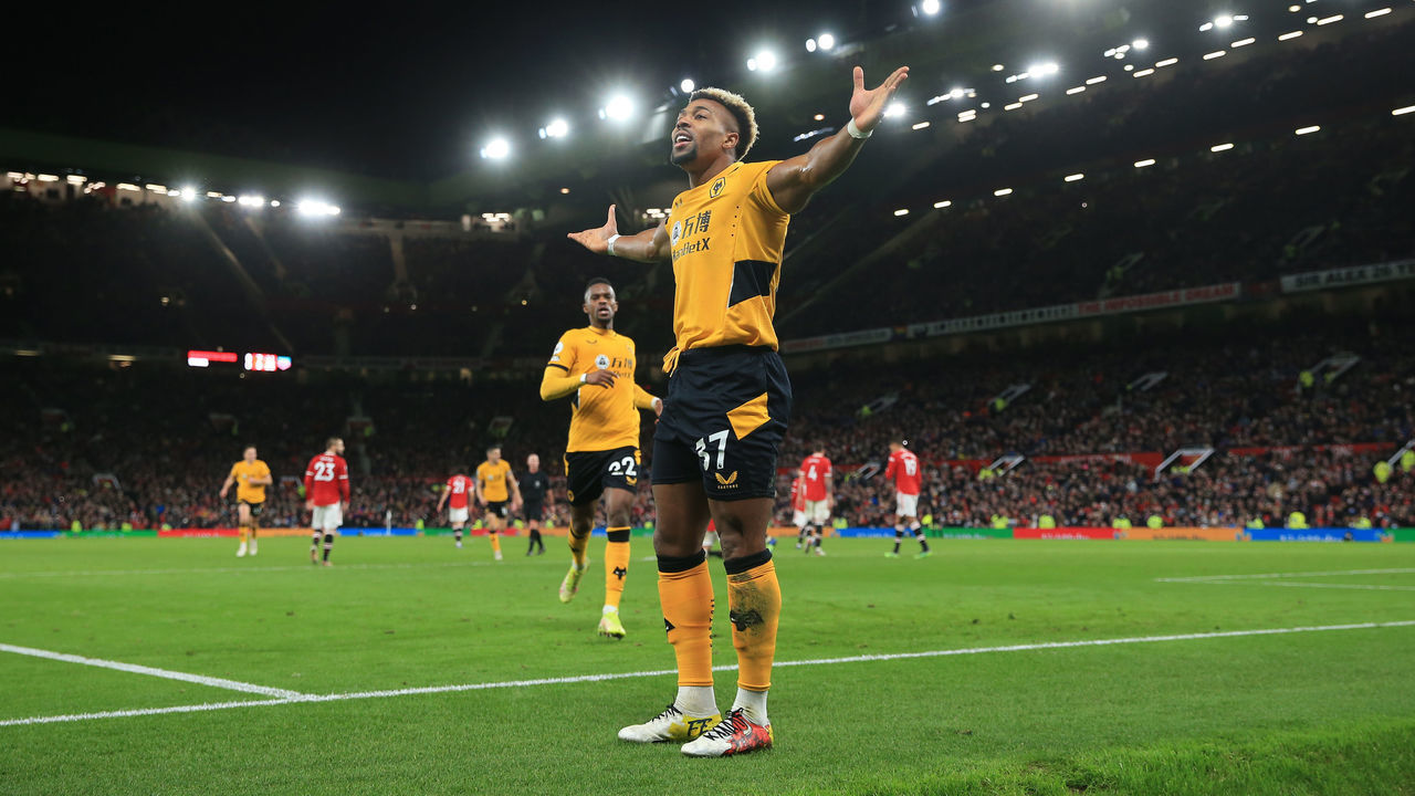MANCHESTER, ENGLAND - JANUARY 03: Adama Traore of Wolverhampton Wanderers celebrates their winning goal during the Premier League match between Manchester United and Wolverhampton Wanderers at Old Trafford on January 3, 2022 in Manchester, England.