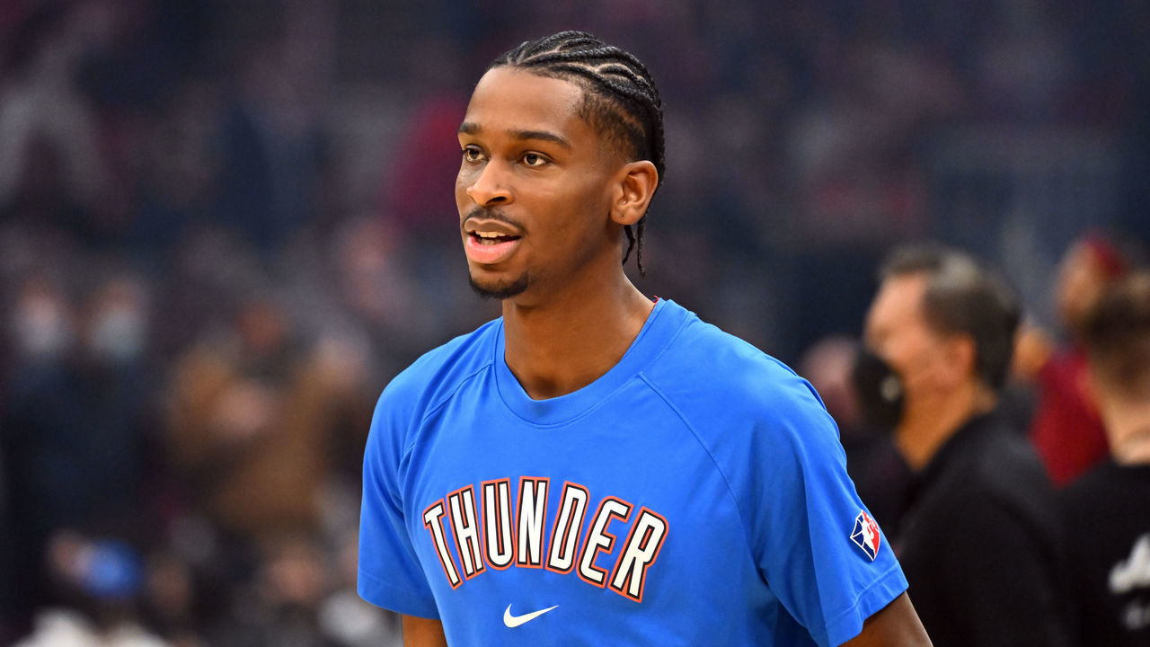 CLEVELAND, OHIO - JANUARY 22: Shai Gilgeous-Alexander #2 of the Oklahoma City Thunder warms up prior to the game against the Cleveland Cavaliers at Rocket Mortgage Fieldhouse on January 22, 2022 in Cleveland, Ohio. NOTE TO USER: User expressly acknowledges and agrees that, by downloading and/or using this photograph, user is consenting to the terms and conditions of the Getty Images License Agreement.