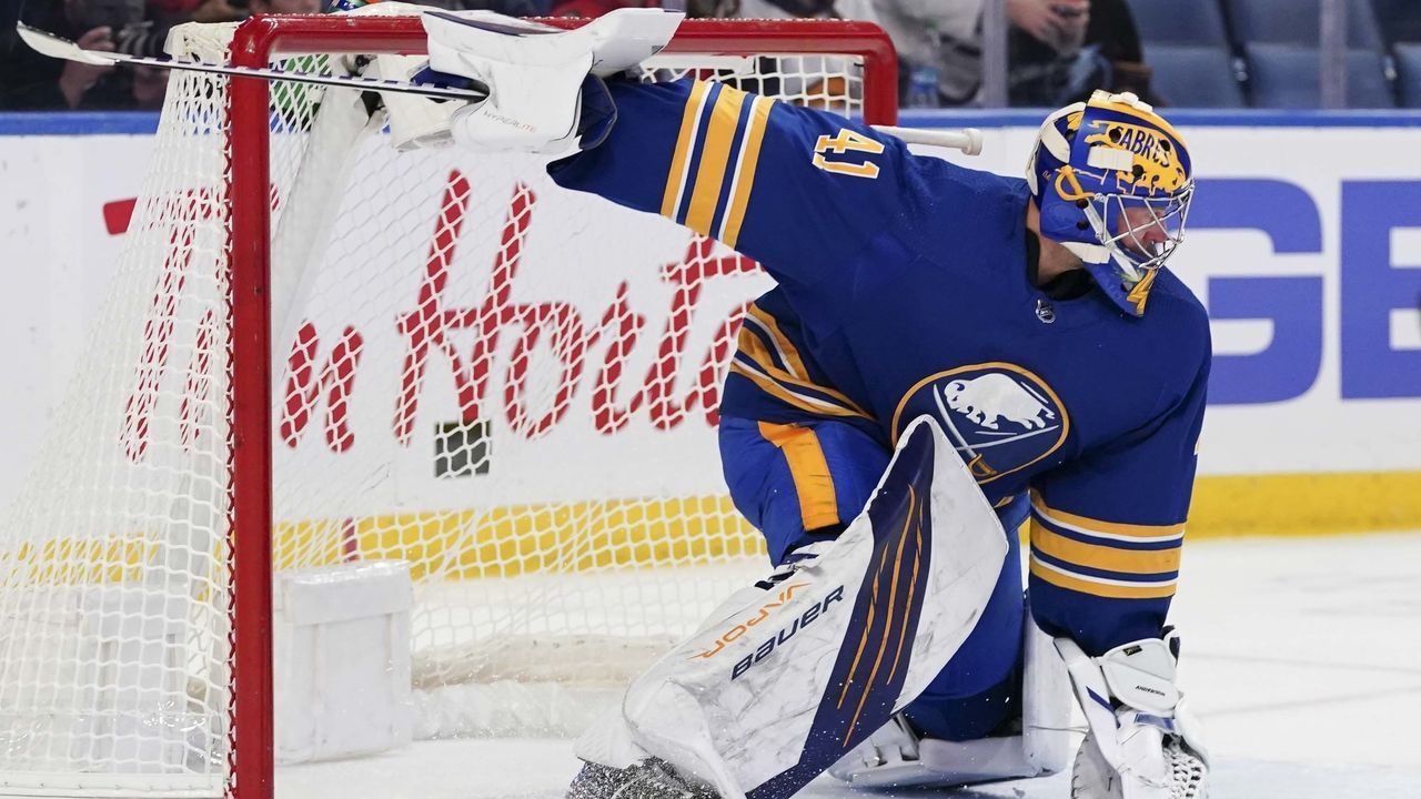 BUFFALO, NY - OCTOBER 25: Craig Anderson #41 of the Buffalo Sabres makes the save against the Tampa Bay Lightning during an NHL game on October 25, 2021 at KeyBank Center in Buffalo, New York. Buffalo won, 5-1.