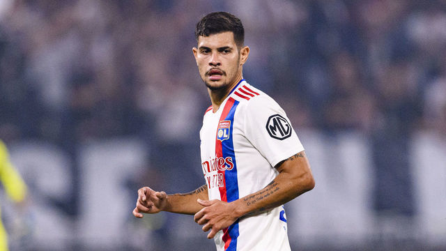 LYON, FRANCE - SEPTEMBER 12: Bruno Guimaraes of Olympique Lyon in action during the Ligue 1 Uber Eats match between Lyon and Strasbourg at Groupama Stadium on September 12, 2021 in Lyon, France.