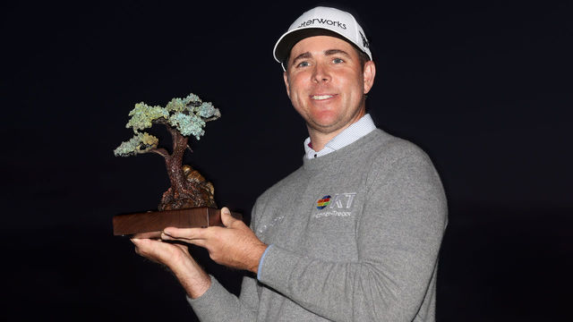LA JOLLA, CALIFORNIA - JANUARY 29: Luke List celebrates with the trophy after winning the The Farmers Insurance Open at Torrey Pines Golf Course on January 29, 2022 in La Jolla, California.