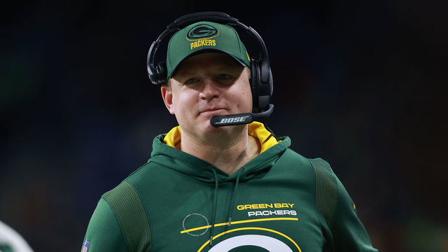 DETROIT, MICHIGAN - JANUARY 09: Quarterbacks Coach Luke Getsy of the Green Bay Packers looks on during the game against the Detroit Lions at Ford Field on January 9, 2022 in Detroit, Michigan.