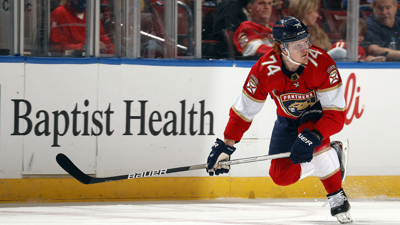 SUNRISE, FL - OCTOBER 21: Owen Tippett #74 of the Florida Panthers skates for position against the Colorado Avalanche at the FLA Live Arena on October 21, 2021 in Sunrise, Florida.