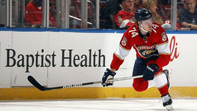 SUNRISE, FL - OCTOBER 21: Owen Tippett #74 of the Florida Panthers skates for position against the Colorado Avalanche at the FLA Live Arena on October 21, 2021 in Sunrise, Florida.